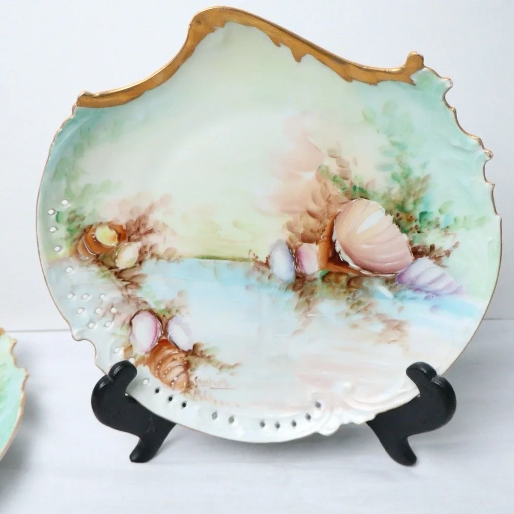 4 Antique Bavaria Rosenthal Savoy Porcelain Sea Shell Plates Gold Gilt Trim